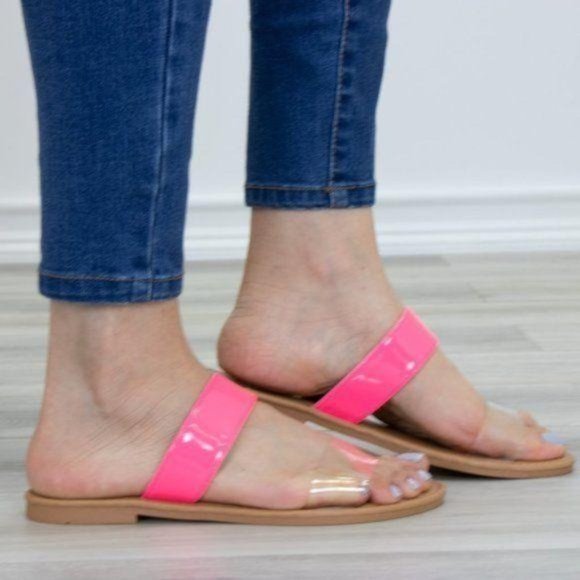 Shoes - Neon Pink Clear Transparent Strap Flat Sandals